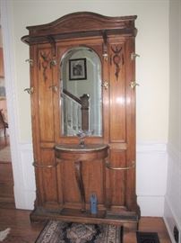Antique Walnut Victorian Hall tree with mirror, marble top umbrella stands, beautiful! excellent condition.   $1500 