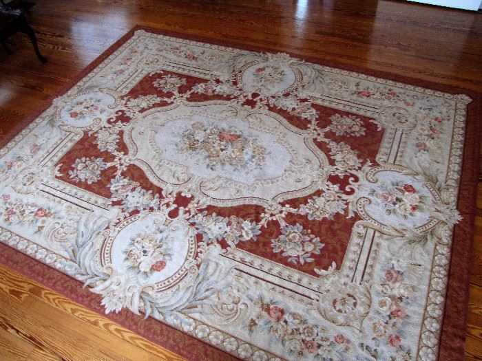 it is a hand made rug - 100% aubusson wool needle point, 8x10 ... you can see the tag and what they paid for it. retail $3699 over 10 years ago.. keep in front parlor rarely walked on ... priced at 1200$ 