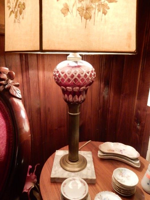TABLE LAMP, CRANBERRY CUT TO CLEAR