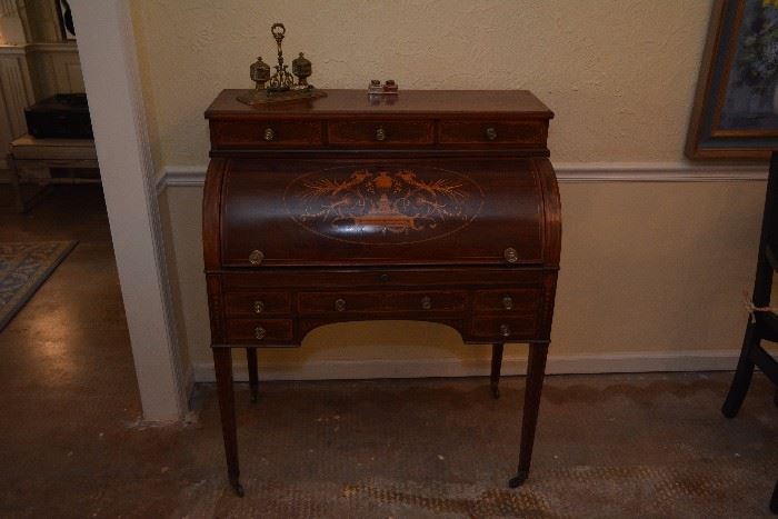 Late Victorian English inlaid mahogany and marquetry cylinder bureau, made between 1871 and 1874