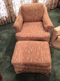 Two matching upholstered club chairs with ottomans