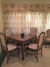 Card table and four upholstered bamboo style chairs
