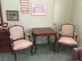 Ornately styled Card table and two Chippendale Chairs