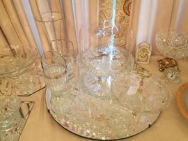 Cut and presses crystal, crystal ice buckets, covered cake plate