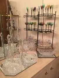 Crystal decanters and bowls. 1940s black stemmed cordials.