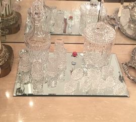 Crystal decanter set, napkin rings, and biscuit barrel
