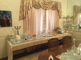 Blow out Hollywood Regency dining room.  Crystal, china, silver plated serving pieces, Paris Apartment Girandole Candelabras