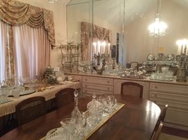 Mid Century Modern, Hollywood Regency, Paris Apartment candelabras, crystal, china, decanters, candlesticks, Webster Wilcox silver plated tea and coffee set with matching waiters tray