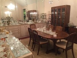 Mid Century Modern, Hollywood Regency, Paris Apartment candelabras, crystal, china, decanters, candlesticks, Webster Wilcox silver plated tea and coffee set with matching waiters tray