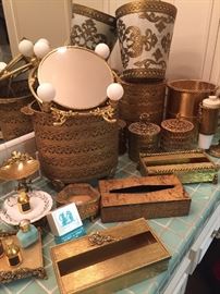 Hollywood Regency tissue boxes and Florentine waste baskets