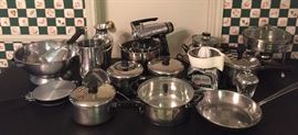 Stainless pots, pans, mixers, bowls, canisters
