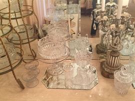 Mid Century Modern, Hollywood Regency, Paris Apartment candelabras, crystal, china, decanters, candlesticks, Webster Wilcox silver plated tea and coffee set with matching waiters tray