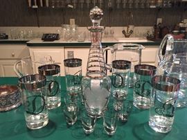 "D" monogrammed glasses and etched silvered decanter