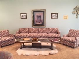 The absolute "be all and end all" of Mid Century luxury!  Mueller of Mexico marble and Agate coffee table.  Matching lux sofa and chairs.