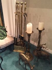 Solid brass fireplace tools, candle sticks and old Korean Reindeer set