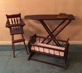 Vintage mahogany doll cradle, high chair, ironing board and iron. In like new condition!  