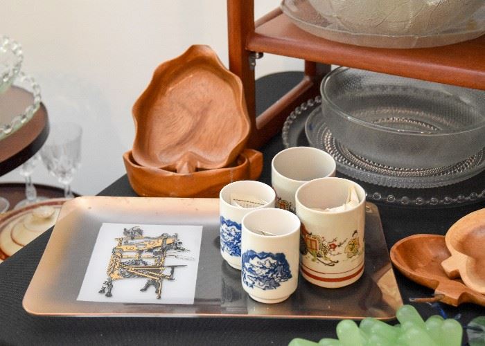Vintage Glass Serving Tray, Wood Salad Bowls, Vintage Glass Serving Pieces, Japanese Tea Cups