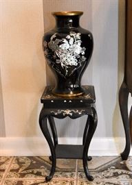 Mother of Pearl Inlaid Black Lacquer Vase & Stand