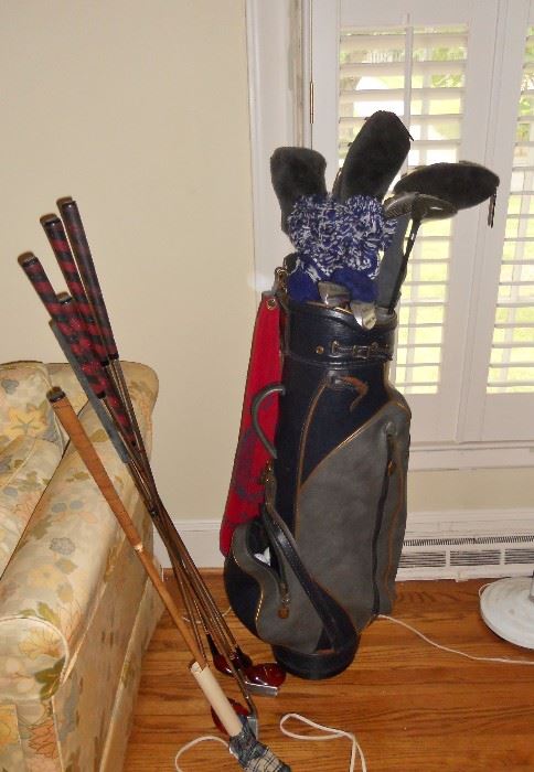 Set of golf clubs and assorted woods                            