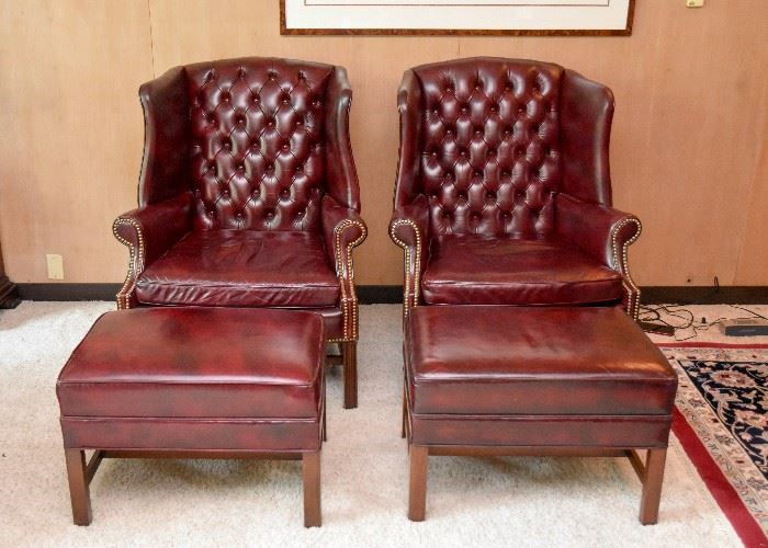 BUY IT NOW!  Lot #300, Pair of Hancock & Moore Leather Tufted Wingback Chairs with Nailhead Trim & Ottomans,  $1,800 (Chairs approx. 32" L x 20" Deep x 40" H at the back)