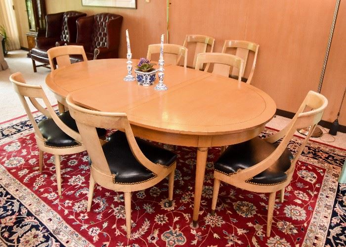 BUY IT NOW!  Lot #306, Wonderful Vintage Light Wood Tone Dining Table & 8 Chairs w/ Leather Seats & Nailhead Trim, $1,100