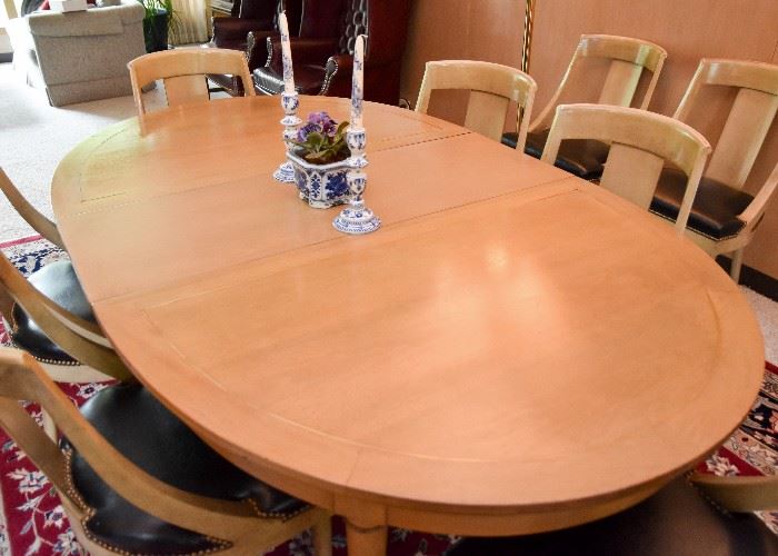 BUY IT NOW!  Lot #306, Wonderful Vintage Light Wood Tone Dining Table & 8 Chairs w/ Leather Seats & Nailhead Trim, $1,100