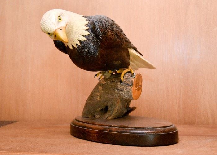Wood Carved Eagle Statue, Signed