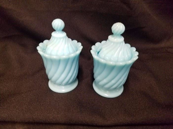 Blue opaline condiment containers