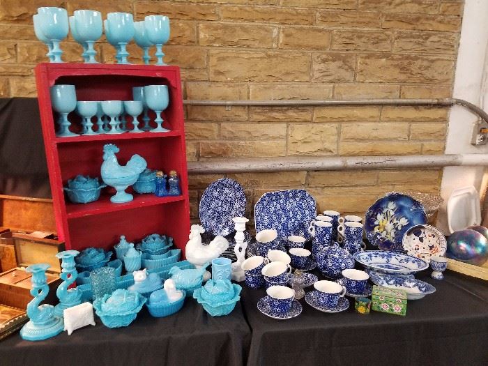 Selection of blue opaline, blue transferware, and flow blue