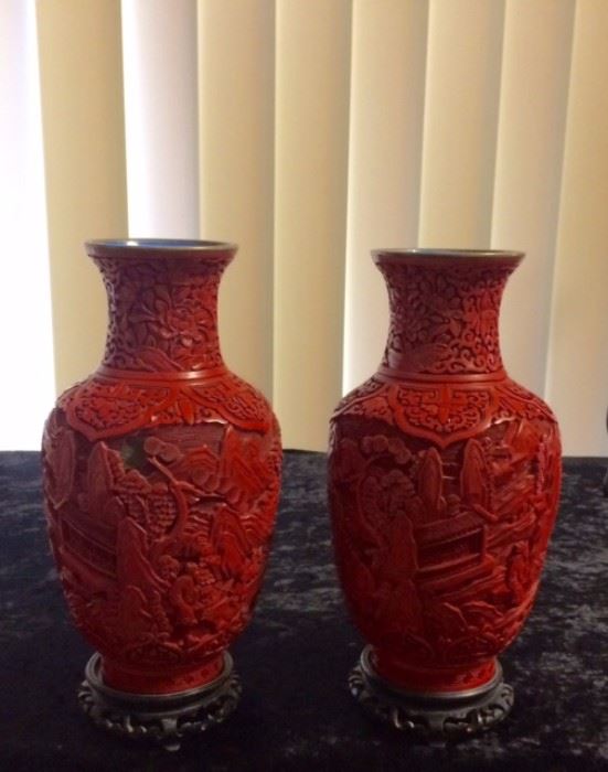 Chinese Cloisonne Cinnabar 10" vases