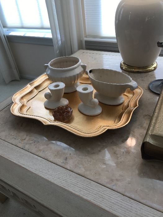 USA White Pottery ~ Gold Wooden Tray 