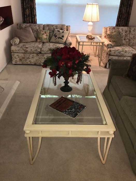 Matching Cream Colored Metal And Glass Coffee Table And End Table