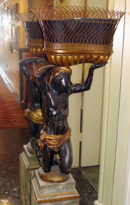 Early 19th century Italian carved and painted wood Blackamoor figure with antique English brass basket
