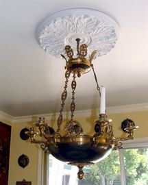 Chandelier, hammered bronze, unwired, behind is set of chinoiserie plaques, black decorated in gold, approx. 12 in set
