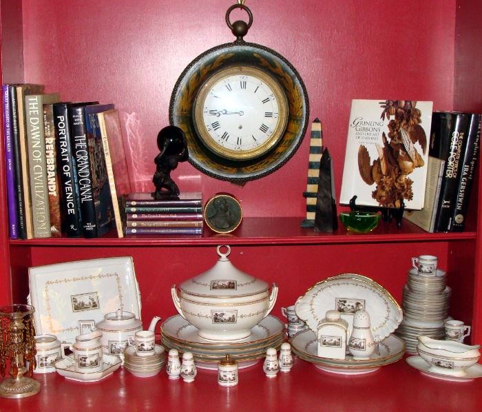 Richard Ginori china, reference books, antique clock 