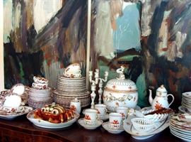 Spode Indian Tree and Herend Chinese Bouquet, 20th century Chinese crab dish with lid, behind three abstract panels