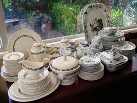 Wedgwood Stratford china, Spode Copeland Wellington china, one set in green, one in purple