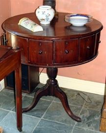 Rare early 19th century rent table, each drawer lettered, with a hand painted Chinese wall pocket and Limoges vase