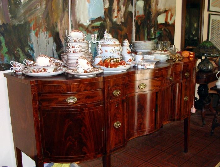Sheraton style buffet-server, Spode Indian Tree china, Herend Chinese Bouquet Rust china