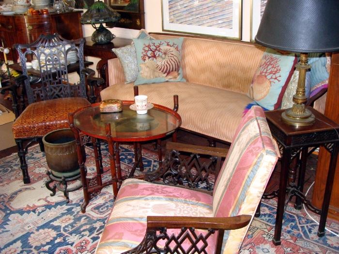 Chinese Chippendale chairs, Sheraton settee, neoclassical table lamps