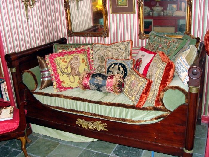 French Empire bed with collection of designer pillows, (needlepoint, silver bouillon embroidery, etc.)