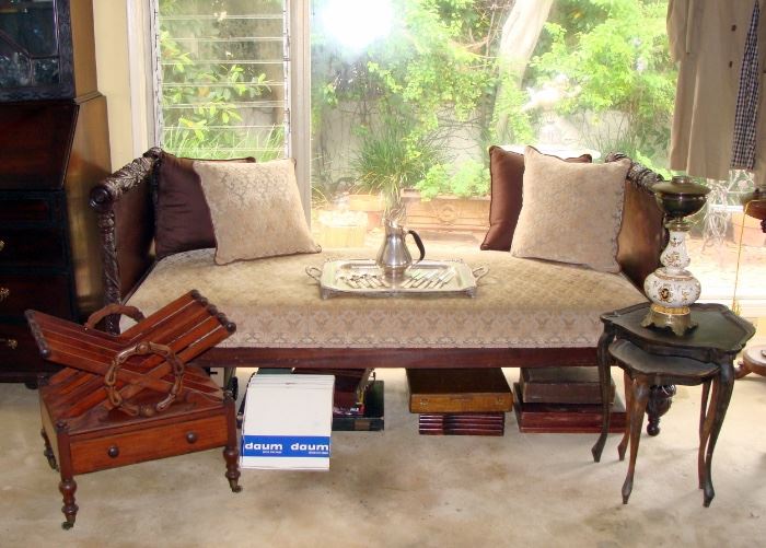 Highly carved daybed, Canterbury, silver sets in boxes