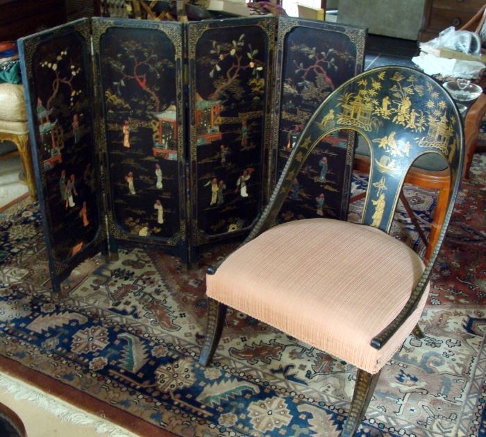 Early 20th century Chinese three-panel fireplace screen, chinoiserie side chair made by Henry Berliner