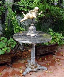 Garden  Cherub, Iron Planters, 19th century pedestal and marble garden table