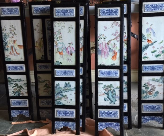 Qing Dynasty tile scholar's table screen. 30 1/2" high, each panel 7 3/4" wide