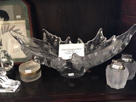 Lalique collection, table lighters, frosted glass box, large rooster, signed photo of Marie Claude Lalique, Champs Elysee centerpiece bowl