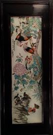 One of two Chinese 1900-1940 painted porcelain tile in classical frame