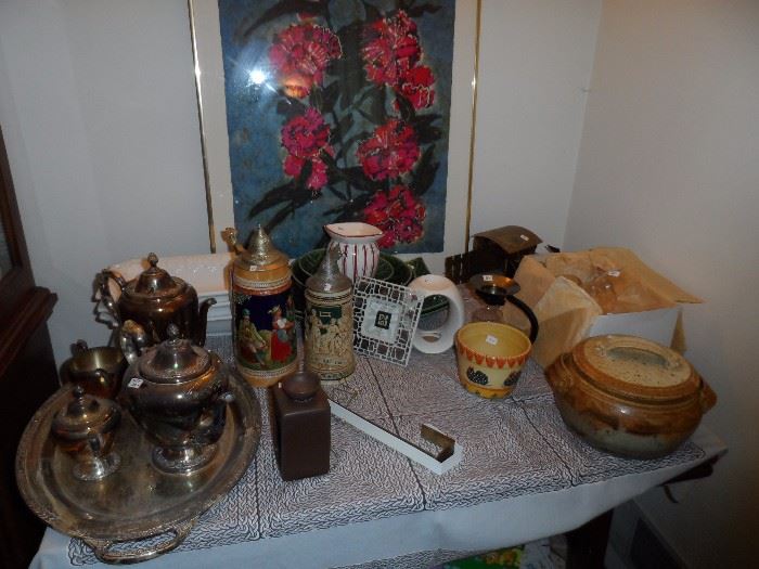 assorted glassware, collectibles and silverplate