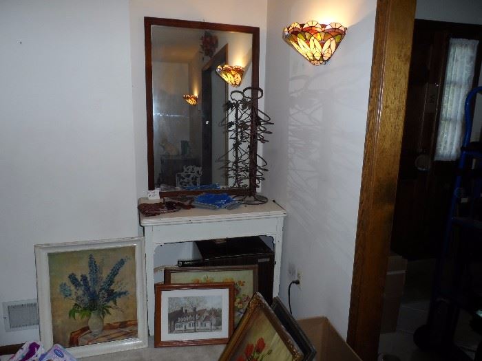 Vintage expanding table, large mirror, wine rack, artwork