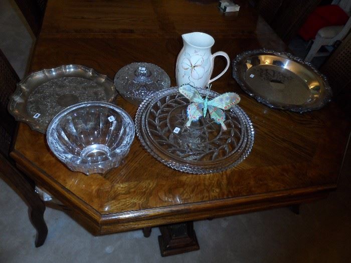assorted glassware and silverplate trays